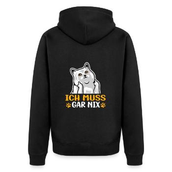 Katze - Statement Spruch - Ich muss gar nix - Unisex Premium Bio Zip Hoodie - Schwarz - Hinten - Nico (187cm)