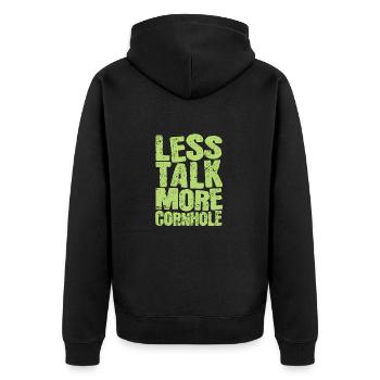 Less talk more Cornhole Spiel Ziel Hobby - Unisex Premium Bio Zip Hoodie - Schwarz - Hinten - Nico (187cm)