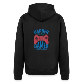 Barber by Day Gamer by Night Friseur - Unisex Premium Bio Zip Hoodie - Schwarz - Hinten - Nico (187cm)