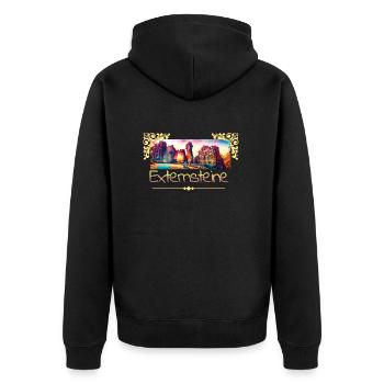 Externsteine – Magie in Stein und Zeit - Unisex Premium Bio Zip Hoodie - Schwarz - Hinten - Nico (187cm)