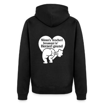 Wenns Arscherl brummt is Herzerl gsund - Unisex Premium Bio Zip Hoodie - Schwarz - Hinten - Nico (187cm)
