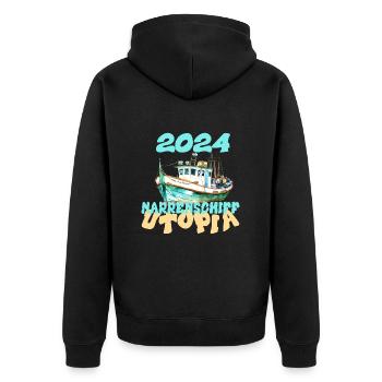 Narrenschiff Utopia, 2024 - Unisex Premium Bio Zip Hoodie - Schwarz - Hinten - Nico (187cm)