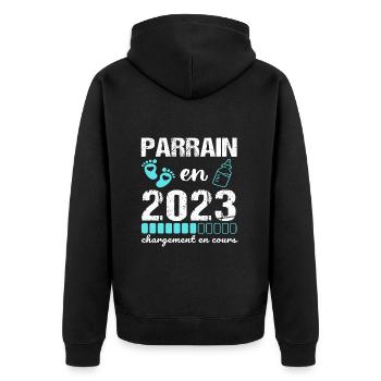 Parrain en 2023 annonce naissance bébé cadeau - Veste à capuche bio Premium Unisexe - noir - Dos - Nico (187cm)