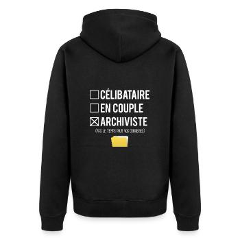 Célibataire en couple archiviste humour métier - Veste à capuche bio Premium Unisexe - noir - Dos - Nico (187cm)