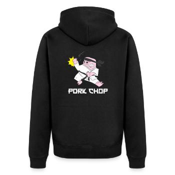Karate Schwein Pork Chop - Unisex Premium Bio Zip Hoodie - Schwarz - Hinten - Nico (187cm)
