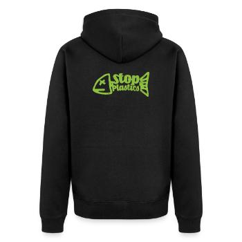 Stop Plastik - Unisex Premium Bio Zip Hoodie - Schwarz - Hinten - Nico (187cm)