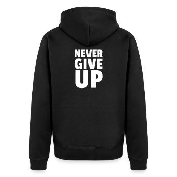 Never Give Up - Unisex Premium Bio Zip Hoodie - Schwarz - Hinten - Nico (187cm)