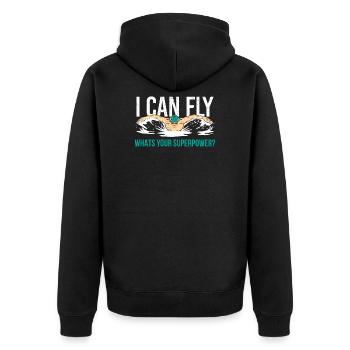 I can fly whats your superpower? Schwimmen Kraulen - Unisex Premium Bio Zip Hoodie - Schwarz - Hinten - Nico (187cm)