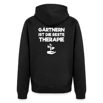 Gärtnern ist die beste Therapie - Unisex Premium Bio Zip Hoodie - Schwarz - Hinten - Nico (187cm)