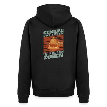 Genieße Das Leben In Vollen Zügen Schaffner - Unisex Premium Bio Zip Hoodie - Schwarz - Hinten - Nico (187cm)