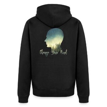 natur kopf wald waldläufer auszeit wandern free - Unisex Premium Bio Zip Hoodie - Schwarz - Hinten - Nico (187cm)