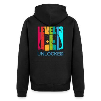 Geburtstag, Level 13 unlocked Geschenk - Unisex Premium Bio Zip Hoodie - Schwarz - Hinten - Nico (187cm)
