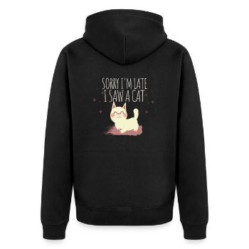 Sorry, ich bin spät, ich sah eine Katze - Unisex Premium Bio Zip Hoodie - Schwarz - Hinten - Nico (187cm)