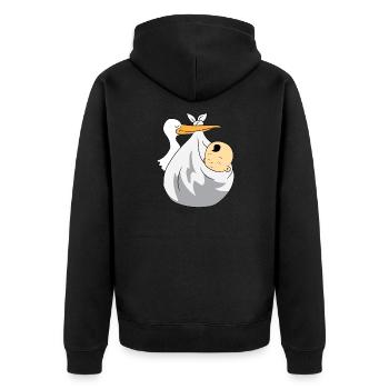 Cigogne apporte bébé - cheveux noirs, chiffon blanc - Veste à capuche bio Premium Unisexe - noir - Dos - Nico (187cm)