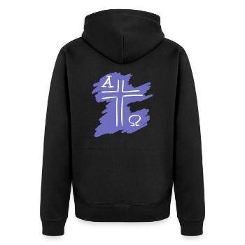 Alpha und Omega,Kreuz,christlich,Jesus,Gott,dezent - Unisex Premium Bio Zip Hoodie - Schwarz - Hinten - Nico (187cm)