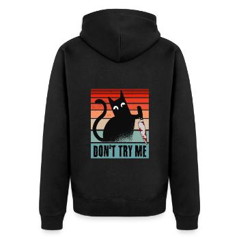 Fordere mich nicht heraus, Katze mit Messer - Unisex Premium Bio Zip Hoodie - Schwarz - Hinten - Nico (187cm)