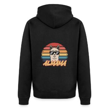 Retro Alpaka Shirt – ALMAMA Design - Unisex Premium Bio Zip Hoodie - Schwarz - Hinten - Nico (187cm)