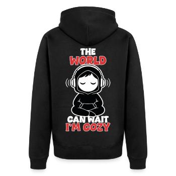 Cozy Zen Die Welt kann warten Kopfhörer - Unisex Premium Bio Zip Hoodie - Schwarz - Hinten - Nico (187cm)
