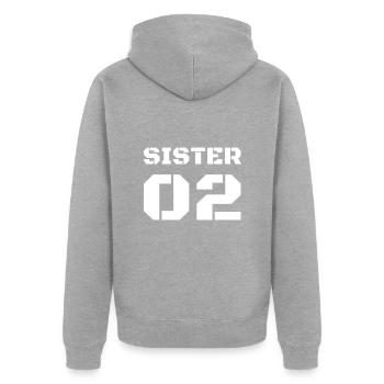 Deuxième Sœur - Sœur 02 - Veste à capuche bio Premium Unisexe - gris chiné - Dos - Nico (187cm)