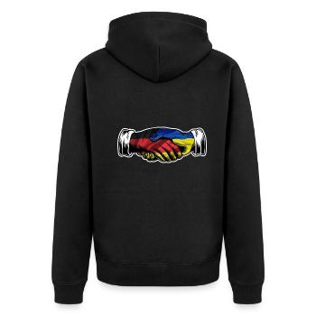 Ich stehe mit der Ukraine Deutschland Deutsche Flagge - Unisex Premium Bio Zip Hoodie - Schwarz - Hinten - Nico (187cm)