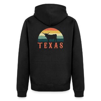 Texas Longhorn Rinder Design für stolze Texaner - Unisex Premium Bio Zip Hoodie - Schwarz - Hinten - Nico (187cm)