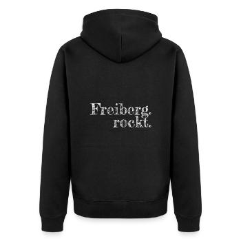 Freiberg rockt - Textdesign mit Stadtnamen - Unisex Premium Bio Zip Hoodie - Schwarz - Hinten - Nico (187cm)