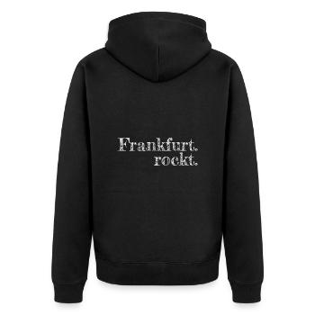 Frankfurt rockt - Textdesign mit Stadtnamen - Unisex Premium Bio Zip Hoodie - Schwarz - Hinten - Nico (187cm)