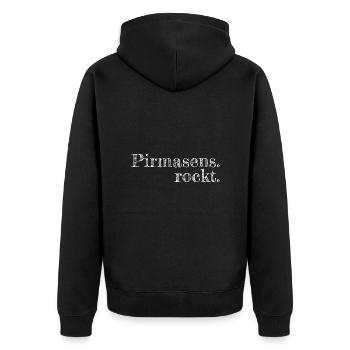 Pirmasens rockt - Textdesign mit Stadtnamen - Unisex Premium Bio Zip Hoodie - Schwarz - Hinten - Nico (187cm)