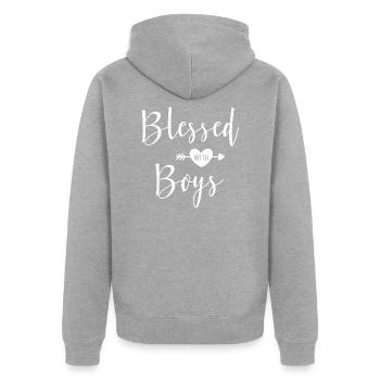 Gesegnet mit Jungen für Mama von Son Mothers Day - Unisex Premium Bio Zip Hoodie - Grau meliert - Hinten - Nico (187cm)