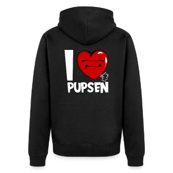 ICH LIEBE PUPSEN FURZEN BLÄHUNGEN - Unisex Premium Bio Zip Hoodie - Schwarz - Hinten - Nico (187cm)