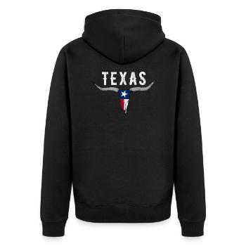 Texas Longhorn Rinder Design für stolze Texaner - Unisex Premium Bio Zip Hoodie - Schwarz - Hinten - Nico (187cm)