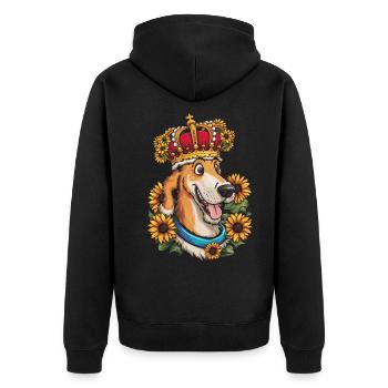 Irischer Wolfshund, Krone und Sonnenblumen - Unisex Premium Bio Zip Hoodie - Schwarz - Hinten - Nico (187cm)