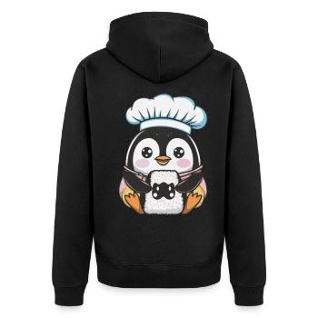 Kawaii Pinguin mit Onigiri Reisball - Unisex Premium Bio Zip Hoodie - Schwarz - Hinten - Nico (187cm)