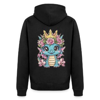 Kawaii Drache mit Krone, Rosen und Orchideen - Unisex Premium Bio Zip Hoodie - Schwarz - Hinten - Nico (187cm)