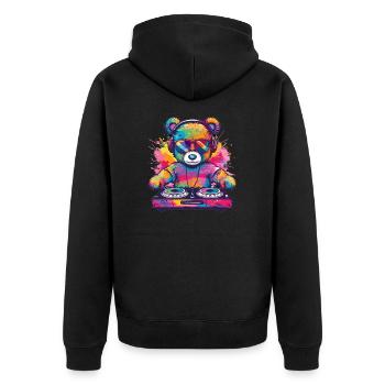 Bunter DJ Teddy - Unisex Premium Bio Zip Hoodie - Schwarz - Hinten - Nico (187cm)