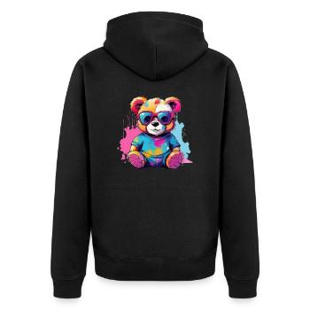 Bunter Teddy mit Sonnenbrille - Unisex Premium Bio Zip Hoodie - Schwarz - Hinten - Nico (187cm)