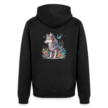 Wolf mit Blumen und Schmetterlingen - Unisex Premium Bio Zip Hoodie - Schwarz - Hinten - Nico (187cm)
