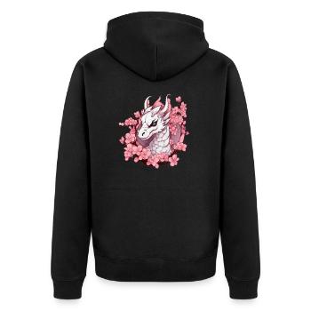 Weißer Drache mit Kirschblüten - Unisex Premium Bio Zip Hoodie - Schwarz - Hinten - Nico (187cm)