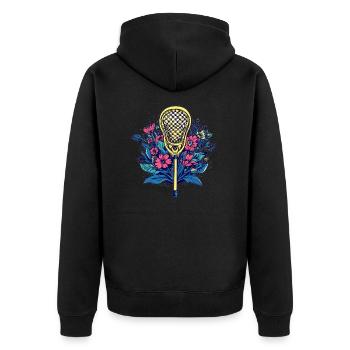 Lacrosse trifft Blumen - Unisex Premium Bio Zip Hoodie - Schwarz - Hinten - Nico (187cm)