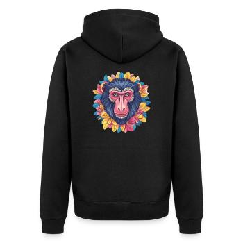 Mandrill mit Blumenkranz - Unisex Premium Bio Zip Hoodie - Schwarz - Hinten - Nico (187cm)