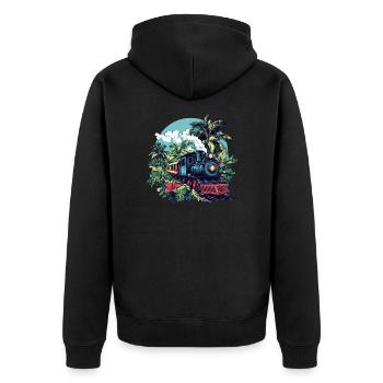 Dampflok durch Palmen - Unisex Premium Bio Zip Hoodie - Schwarz - Hinten - Nico (187cm)