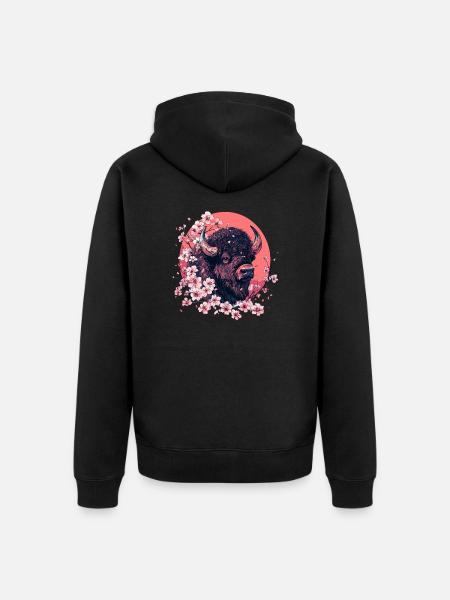 Bison with cherry blossoms - Unisex Premium Organic Zip Hoodie - black