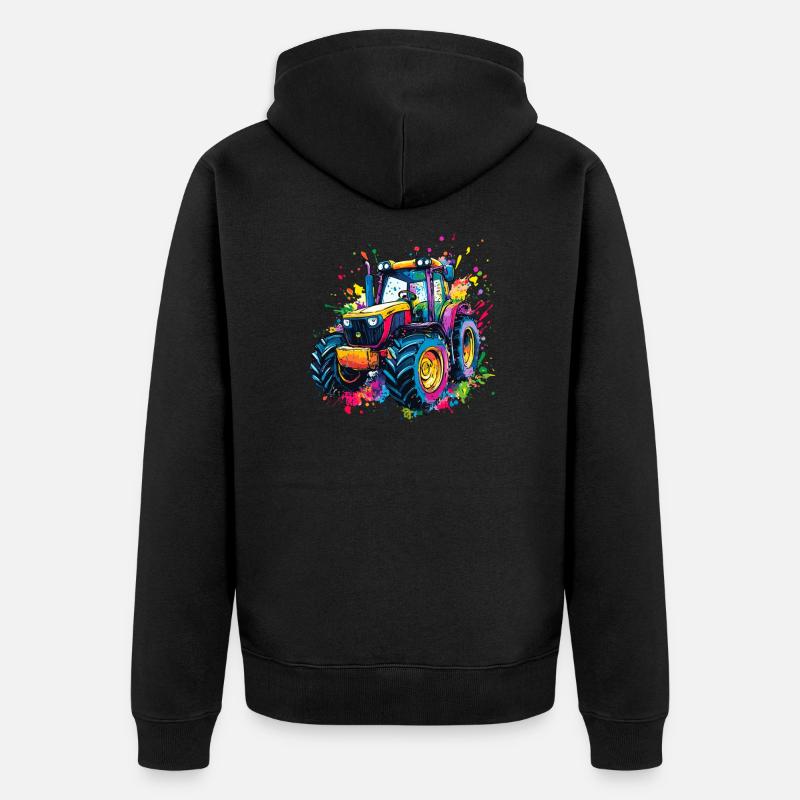 Bunter Traktor mit Farbklecksen - Unisex Premium Bio Zip Hoodie - Schwarz