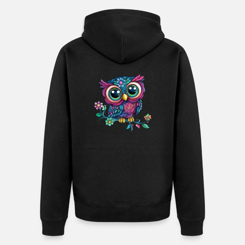Bunte Eule auf Ast - Unisex Premium Bio Zip Hoodie - Schwarz