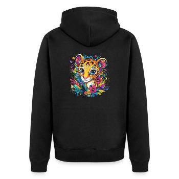 Bunter Leopardenkopf mit Blumen - Unisex Premium Bio Zip Hoodie - Schwarz - Hinten - Nico (187cm)