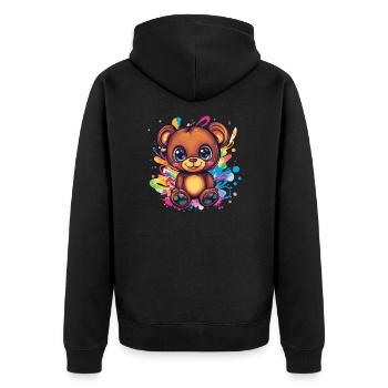 Bunter Teddy mit Farbspritzern - Unisex Premium Bio Zip Hoodie - Schwarz - Hinten - Nico (187cm)