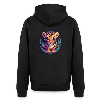 Süßer Tiger mit großen Augen - Unisex Premium Bio Zip Hoodie - Schwarz - Hinten - Nico (187cm)