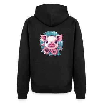Rosa Schweinchen mit Blumen - Unisex Premium Bio Zip Hoodie - Schwarz - Hinten - Nico (187cm)