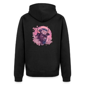 Bison mit Kirschblütenkranz - Unisex Premium Bio Zip Hoodie - Schwarz - Hinten - Nico (187cm)