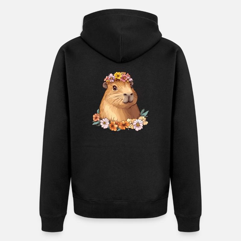 Süßes Capybara mit Blumen - Unisex Premium Bio Zip Hoodie - Schwarz